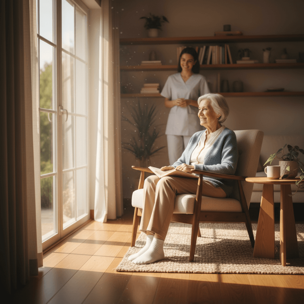 Elderly person sitting in a comfortable chair near a window