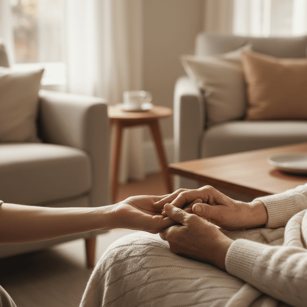 Elderly hand holding caregiver's hand