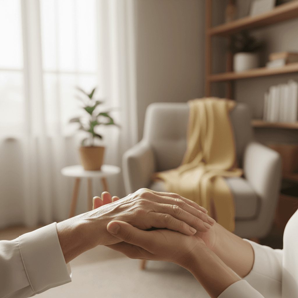 Elderly client and caregiver hand connection