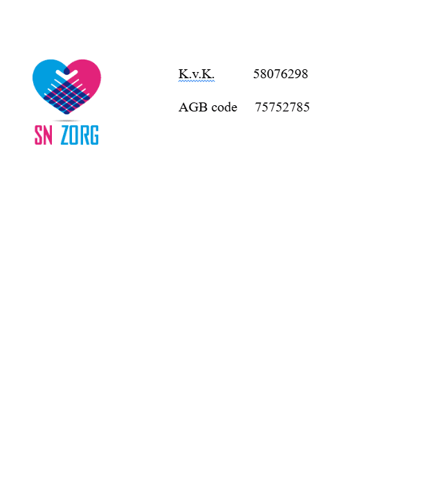 SN ZORG logo with blue and pink heart, K.v.K. 58076298, and AGB code 75752785.
